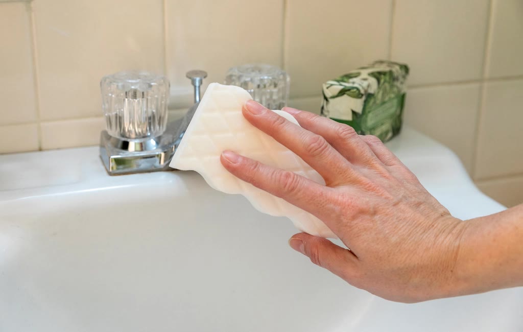 Cleaning a bathtub with a sponge