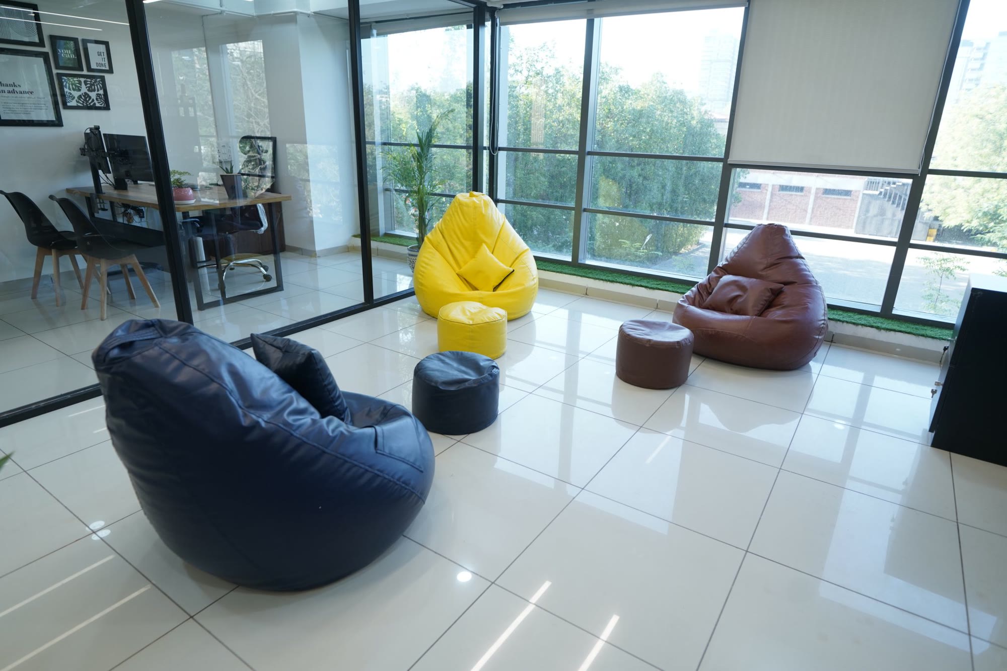 Bright, spotless modern office with gleaming tiled floor